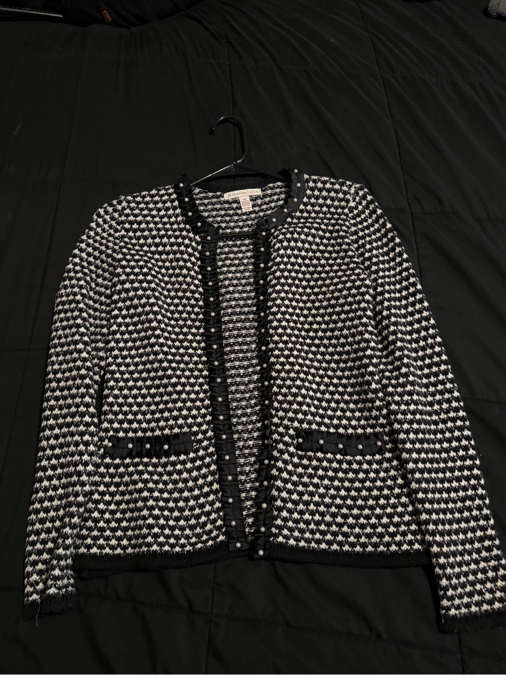 JM Collection Black & White Tweed Pearl-Trim Blazer